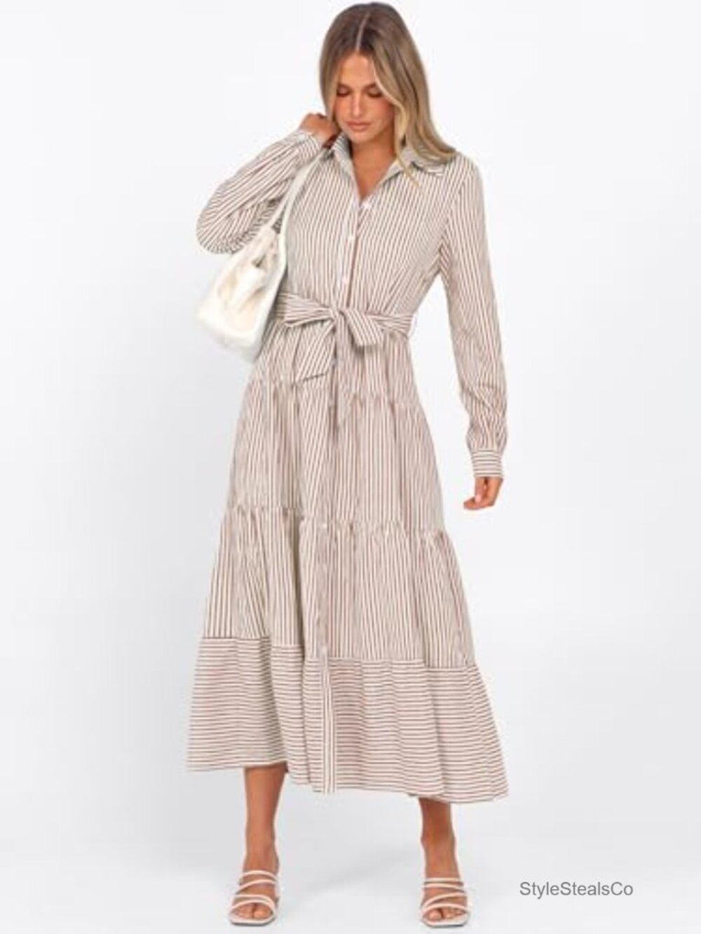 Long Sleeve Striped Flowy Maxi Dress Button Down Ruffle Hem Tie Waist Shirt - Picture 2 of 6